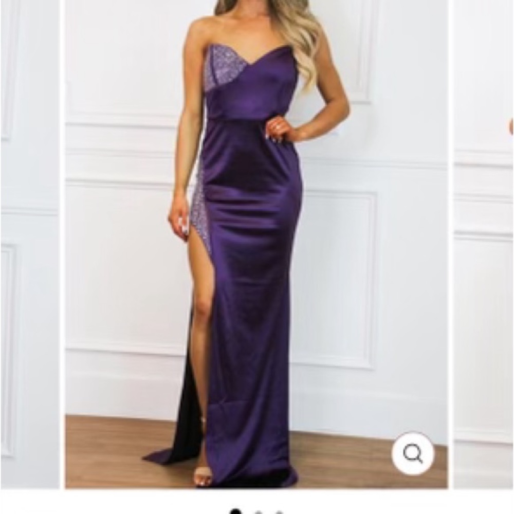 Add a Little Sparkle Strapless Rhinestone Satin Maxi Dress Eggplant M NWT